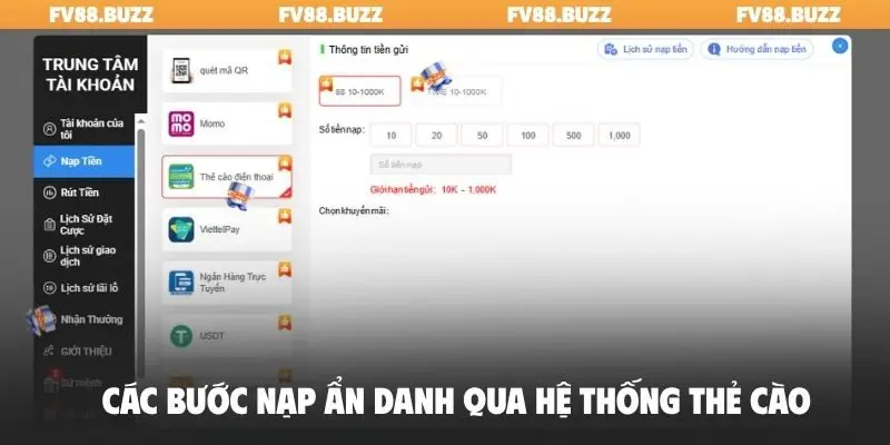 Các bước nạp ẩn danh qua hệ thống thẻ cào